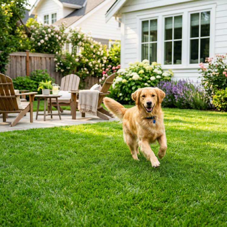 Happy dog in a clean yard after professional dog waste removal in Georgia