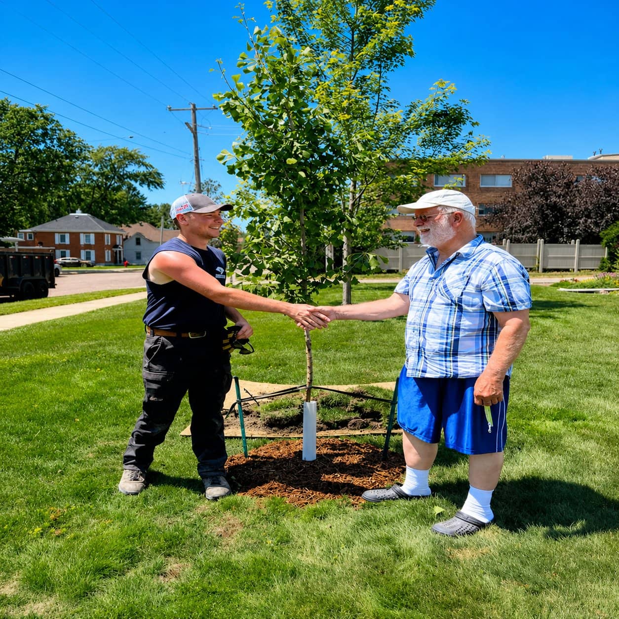 New shade tree planted at the correct depth on a Chippewa Valley property in western Wisconsin